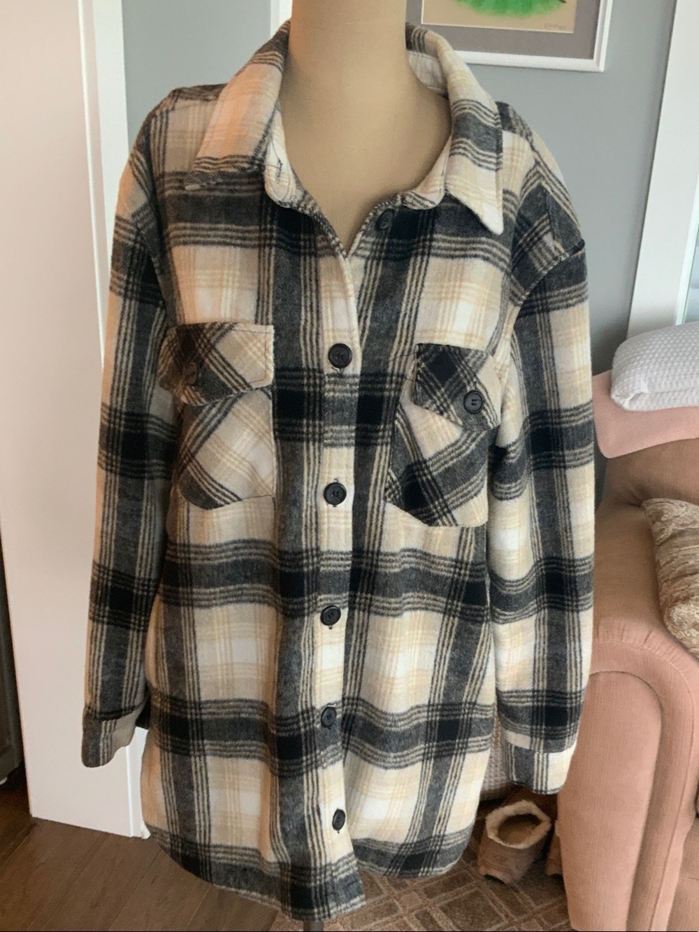 Thread & Supply Black and Cream Plaid Utility Shacket With Gray Lining